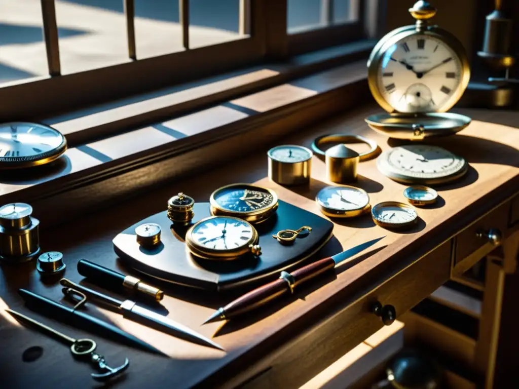 Imagen en blanco y negro de un taller de relojería vintage con relojes de bolsillo detallados y herramientas en un banco de trabajo de madera