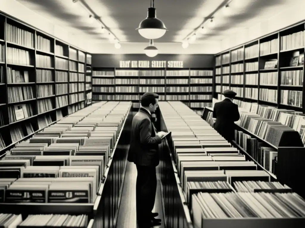 Imagen en blanco y negro de una tienda de discos vintage del siglo XX, evocando la transformación de la experiencia musical a través del fonógrafo