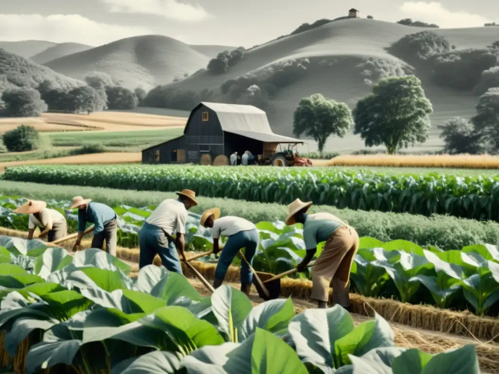 Imagen en blanco y negro de trabajadores cosechando cultivos en un campo soleado y exuberante, reflejando la importancia de la biomasa sostenible