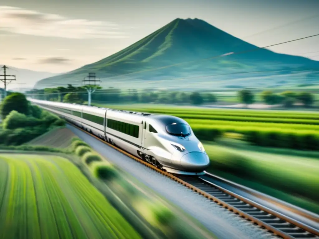 Imagen en blanco y negro de un tren bala en movimiento rápido a través de un paisaje escénico, capturando la energía y la velocidad del impacto del tren bala en la percepción del tiempo y la distancia