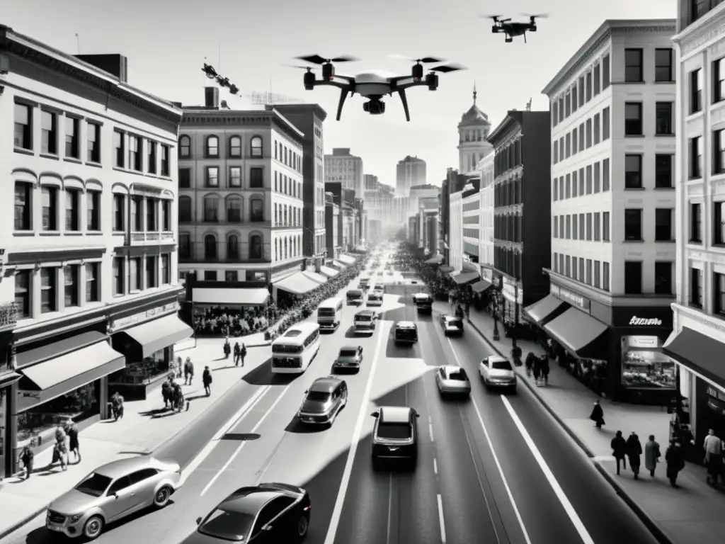 Foto vintage de ciudad con dron La imagen muestra una bulliciosa calle de la ciudad en blanco y negro, con un dron sobrevolando el paisaje urbano