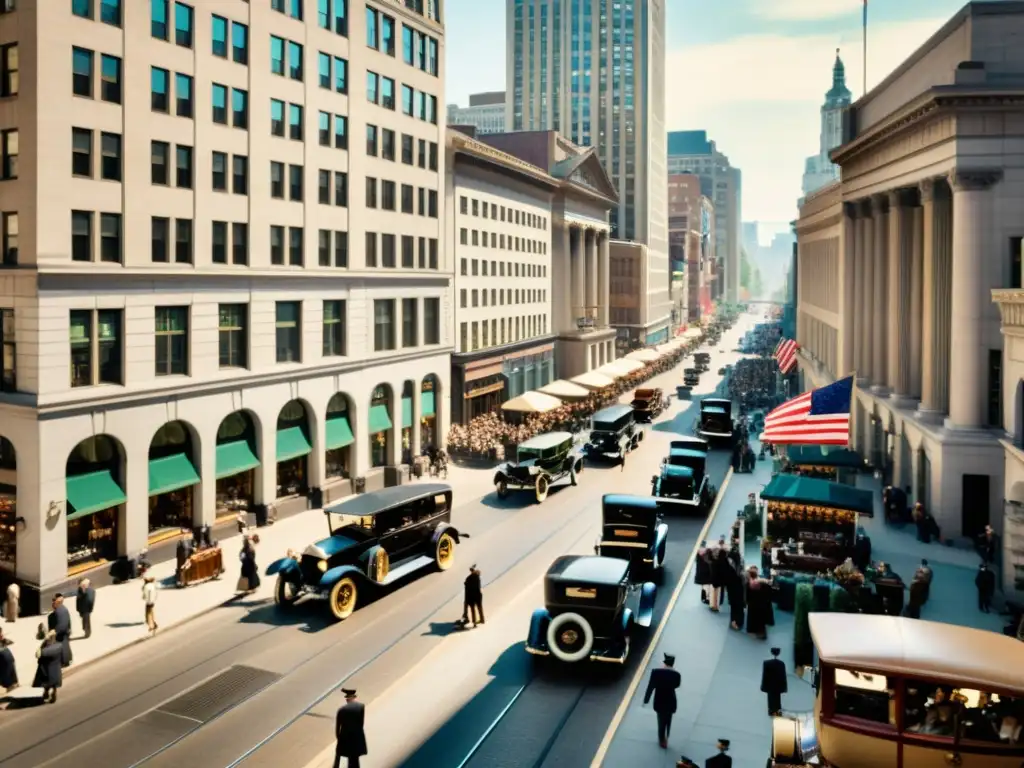 Una imagen sepia de un bullicioso distrito financiero en la década de 1920, con edificios históricos y calles empedradas