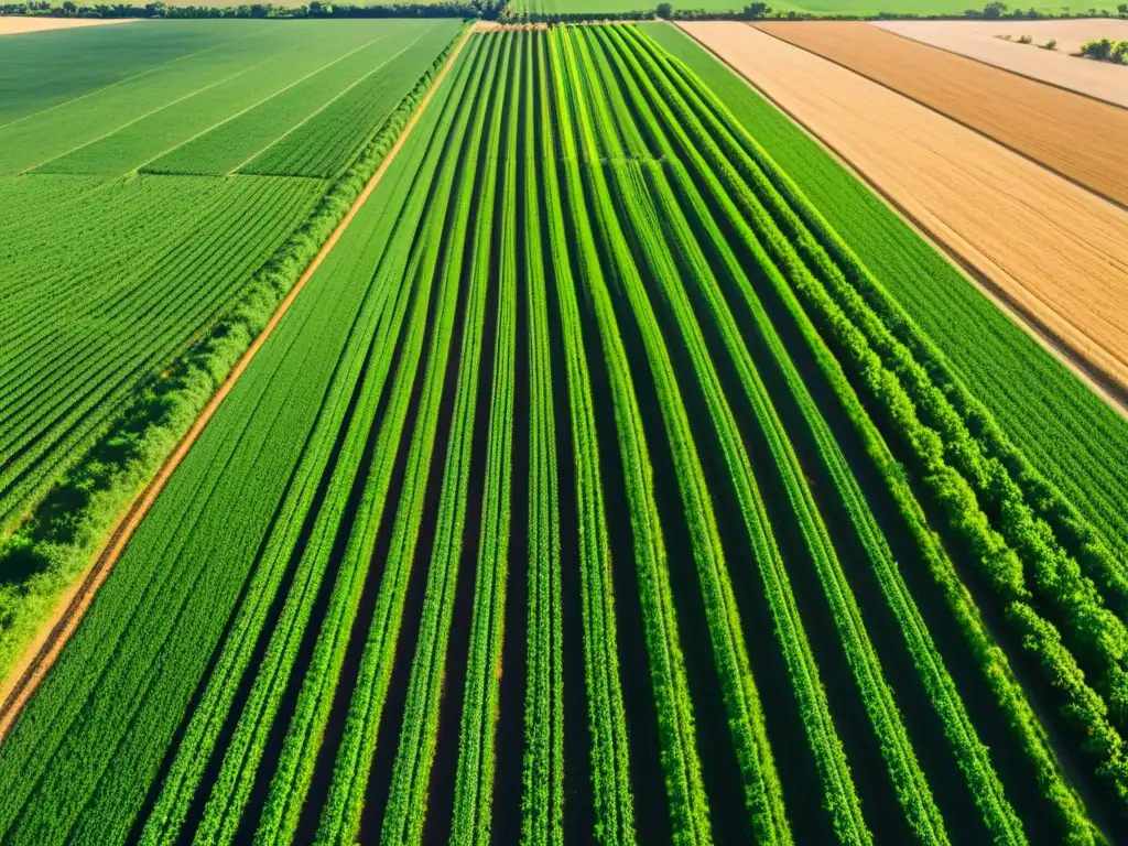 Imagen de campo agrícola extenso y verde con cultivos precisos, tecnología de agricultura de precisión en producción de alimentos