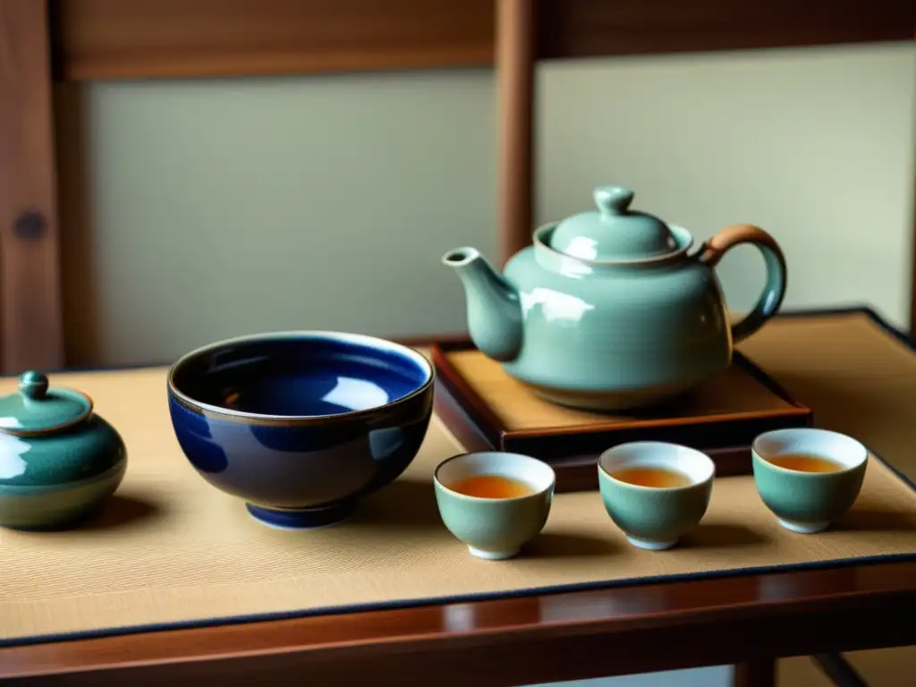 Imagen de una ceremonia japonesa del té con una exquisita vajilla de cerámica, resaltando la historia de la cerámica asiática