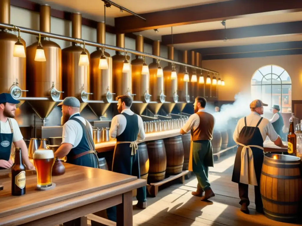 Imagen de una cervecería del siglo XIX con trabajadores, barriles de madera, vapor y clientes disfrutando de cerveza en mesas largas