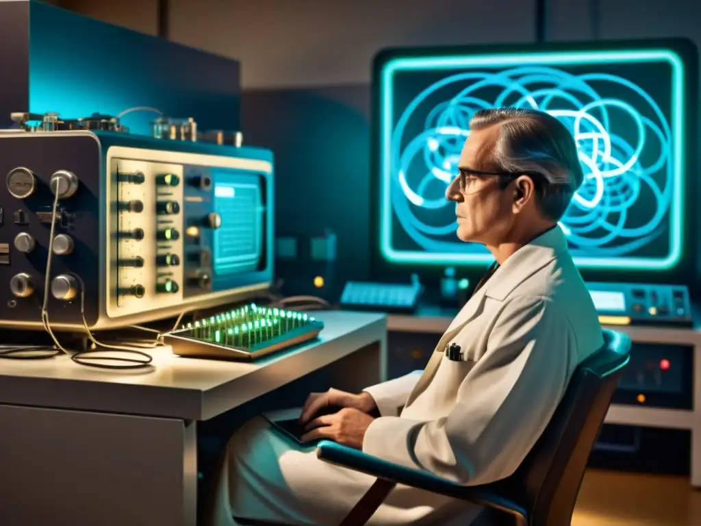 Descubriendo el Puente Mente-Máquina: Ilustración Vintage Detallada Imagen de un científico trabajando en interfaces cerebrocomputadora en un laboratorio retrofuturista
