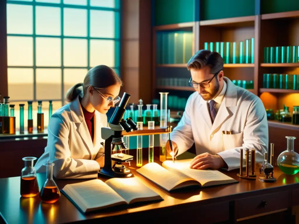 Imagen de científicos en laboratorio, realizando experimentos con tubos de ensayo y microscopios, rodeados de equipo científico antiguo y libros