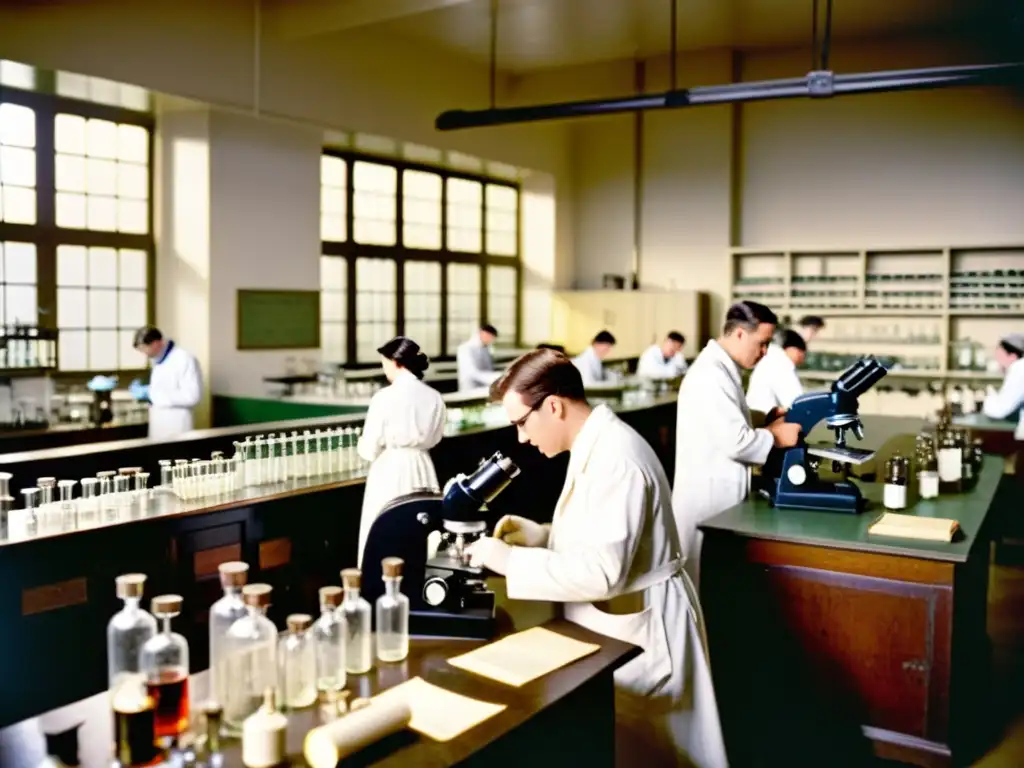 Imagen sepia de científicos en un laboratorio del siglo XX examinando muestras de sangre bajo microscopios