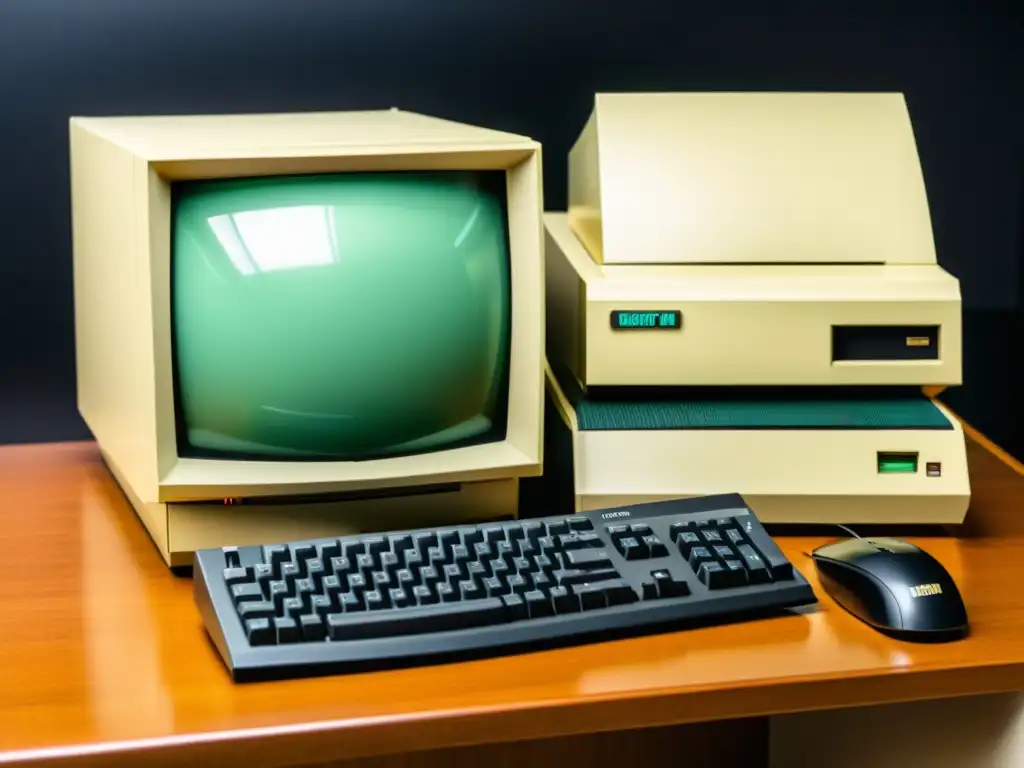 Imagen de la icónica computadora personal IBM 5150 en un entorno de oficina de los 80, evocando la evolución de los ordenadores personales