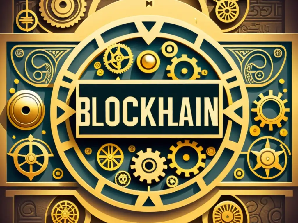 Imagen del desarrollo histórico del Blockchain: desde antiguas tablillas hasta la moderna red digital de blockchain en tonos sepia nostálgicos