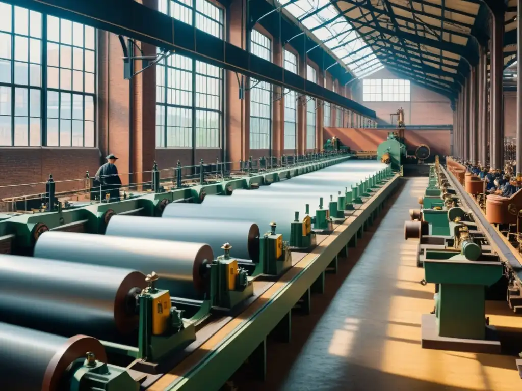 Una imagen detallada en 8k de un antiguo molino textil durante la Revolución Industrial, con obreros operando grandes máquinas de hilar, rodeados de altos muros de ladrillo y ventanales que dejan entrar la luz natural