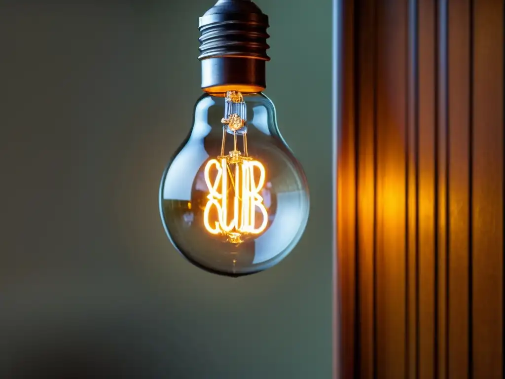 Una imagen detallada de una bombilla vintage Edison con filamento visible a través del vidrio, emitiendo un cálido resplandor nostálgico