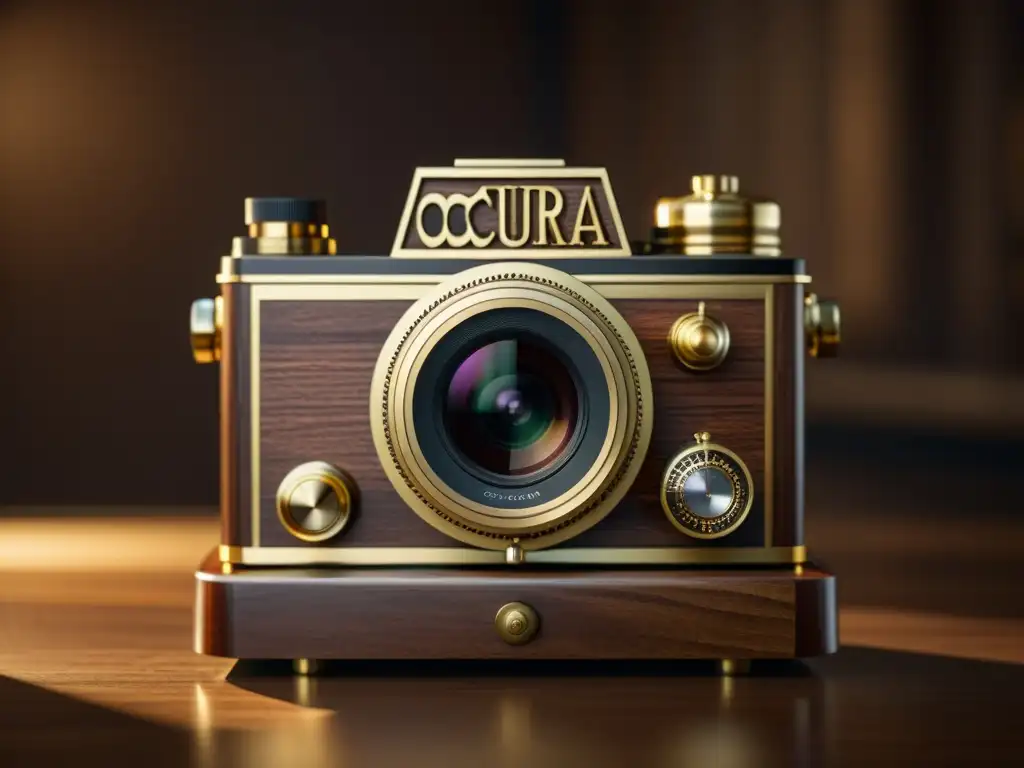 Una imagen 8k detallada de una cámara oscura vintage con intrincados detalles de latón y madera, destacando la mecánica interna y el juego de luces