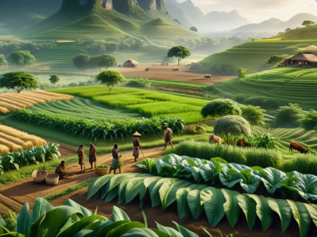 Imagen detallada en 8k de la transformación de la humanidad con la agricultura, mostrando a primeros humanos cultivando un campo fértil y exuberante