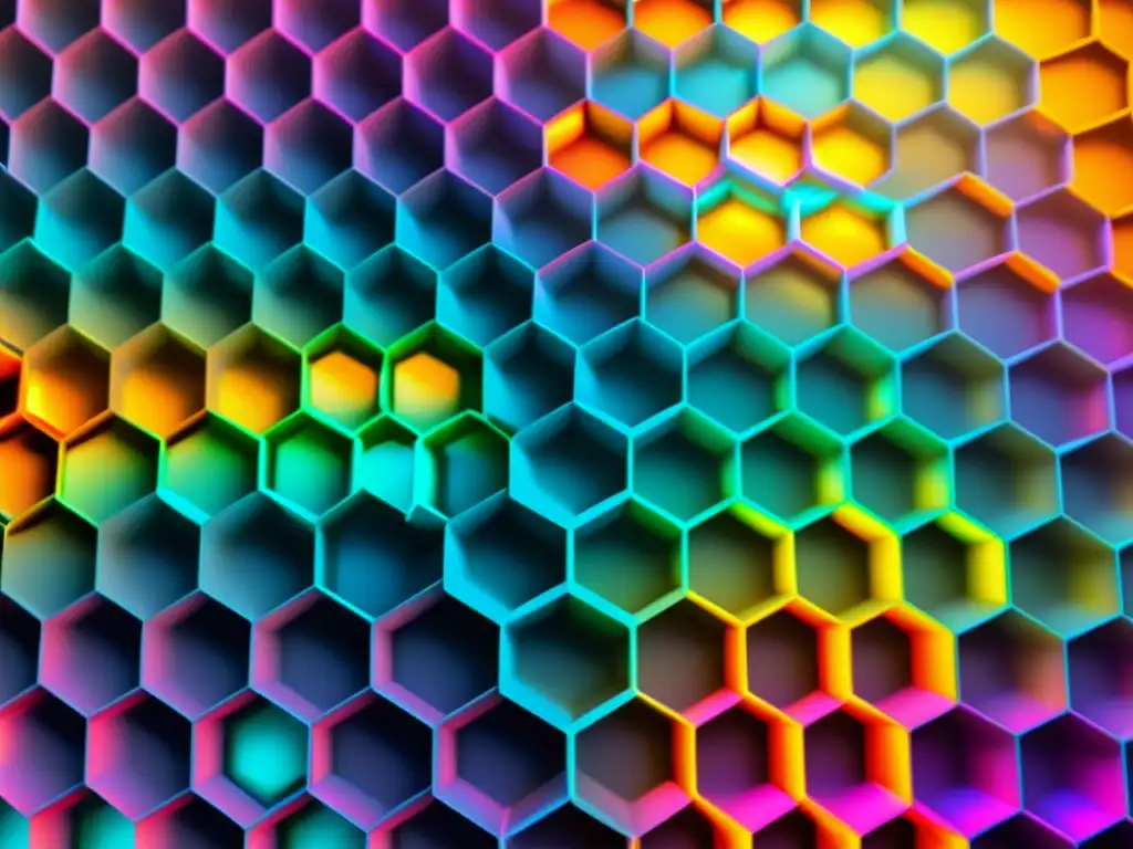 Imagen detallada de una lámina de grafeno con estructura hexagonal y colores iridiscentes