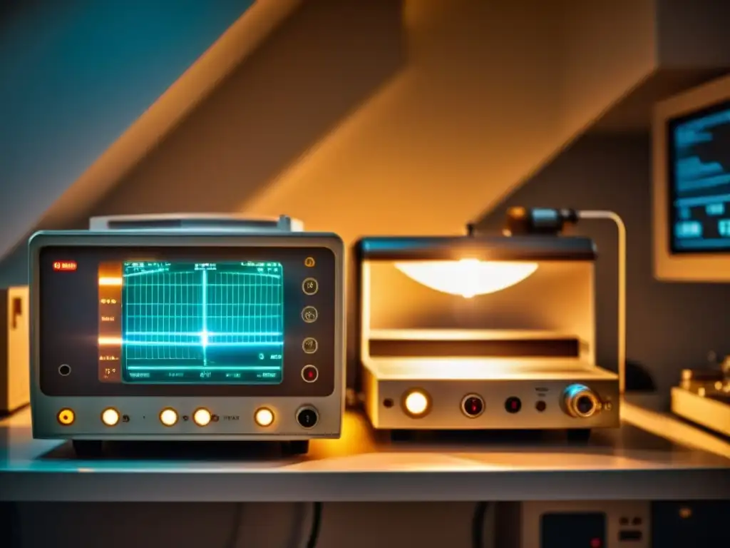 Imagen detallada de una máquina láser médica vintage en una habitación hospitalaria tenue, destacando su aplicación en tratamientos oncológicos