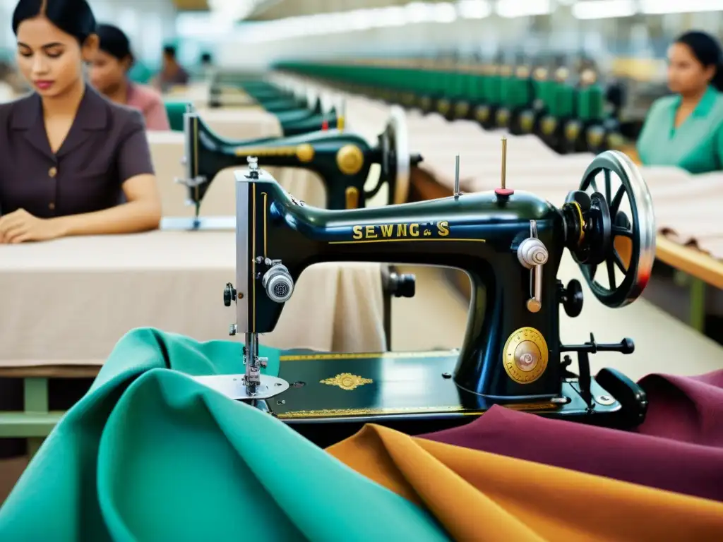 Imagen detallada de una máquina de coser vintage en una fábrica textil, con trabajadores confeccionando prendas