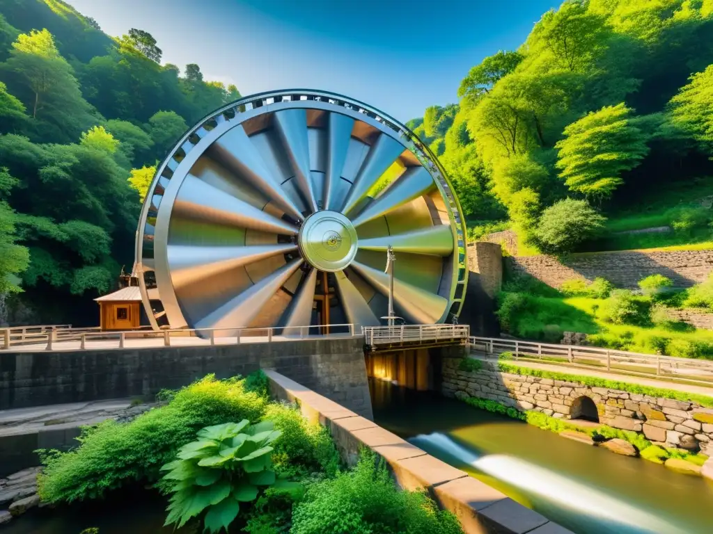 Imagen 8k detallada de una noria histórica contrastada con una turbina hidroeléctrica moderna, frente a un río y exuberante vegetación