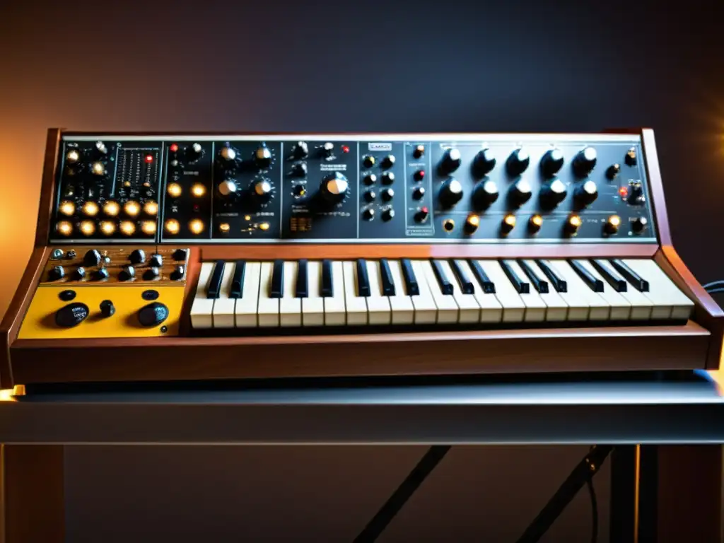 Una imagen detallada de un sintetizador vintage Moog, con iluminación cálida que resalta los detalles y colores retro