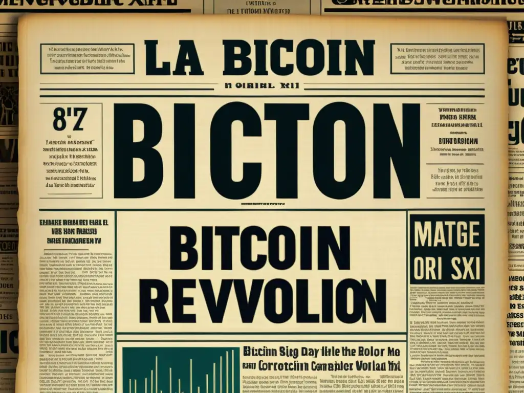 Imagen detallada de un titular vintage sobre Bitcoin: La Revolución del Siglo XXI, evocando nostalgia y la evolución de las criptomonedas modernas