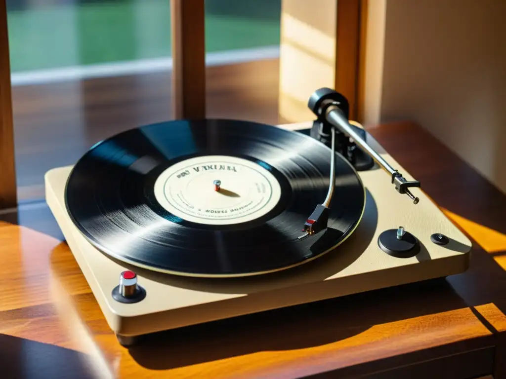 Imagen detallada de un tocadiscos vintage con un disco de vinilo girando