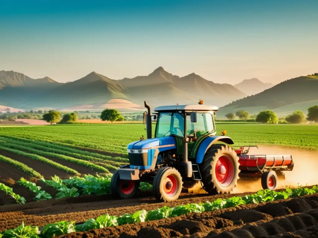 Imagen detallada de un tractor vintage en un campo verde con la puesta de sol y la revolución verde en la agricultura