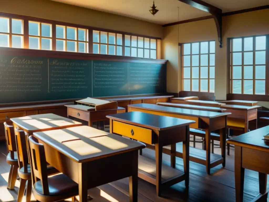 Una imagen evocadora de un salón de clases vintage con muebles antiguos, pizarrón detallado y luz dorada