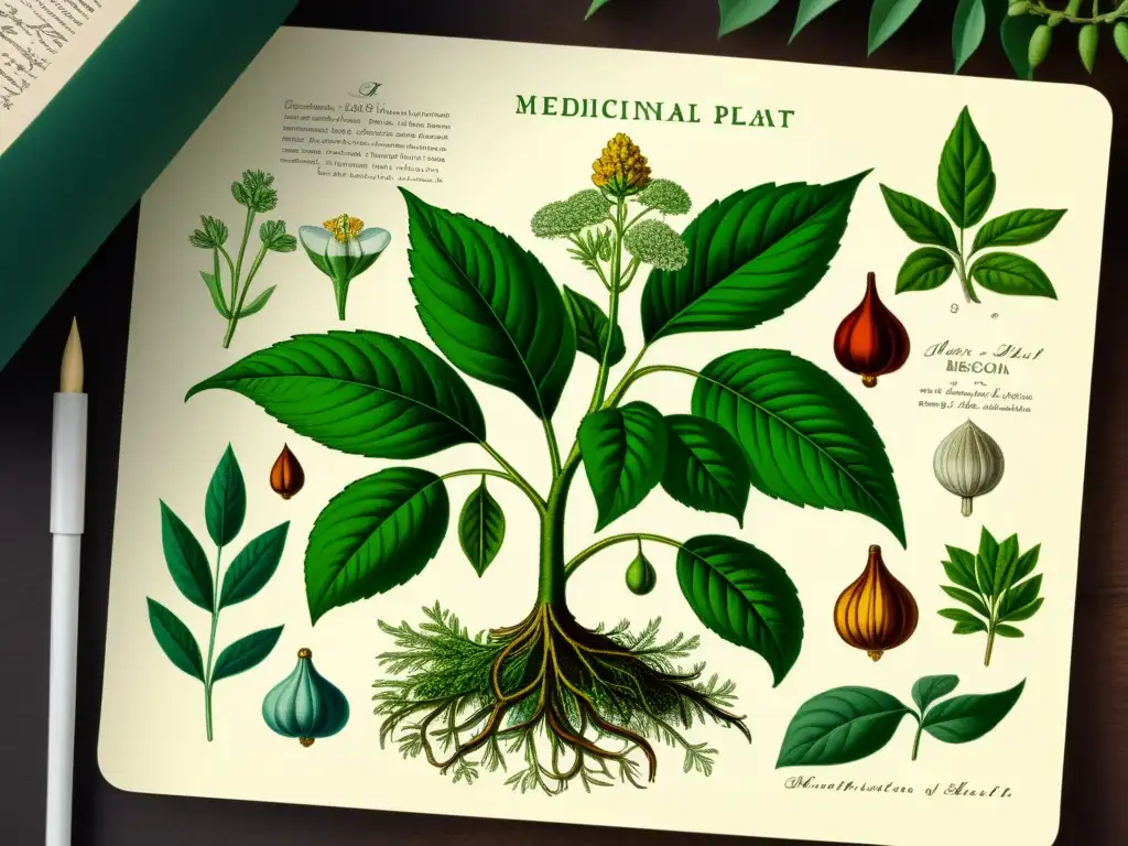 Imagen de una ilustración vintage de una exuberante planta medicinal, con detalles intrincados, hojas delicadas y raíces complejas