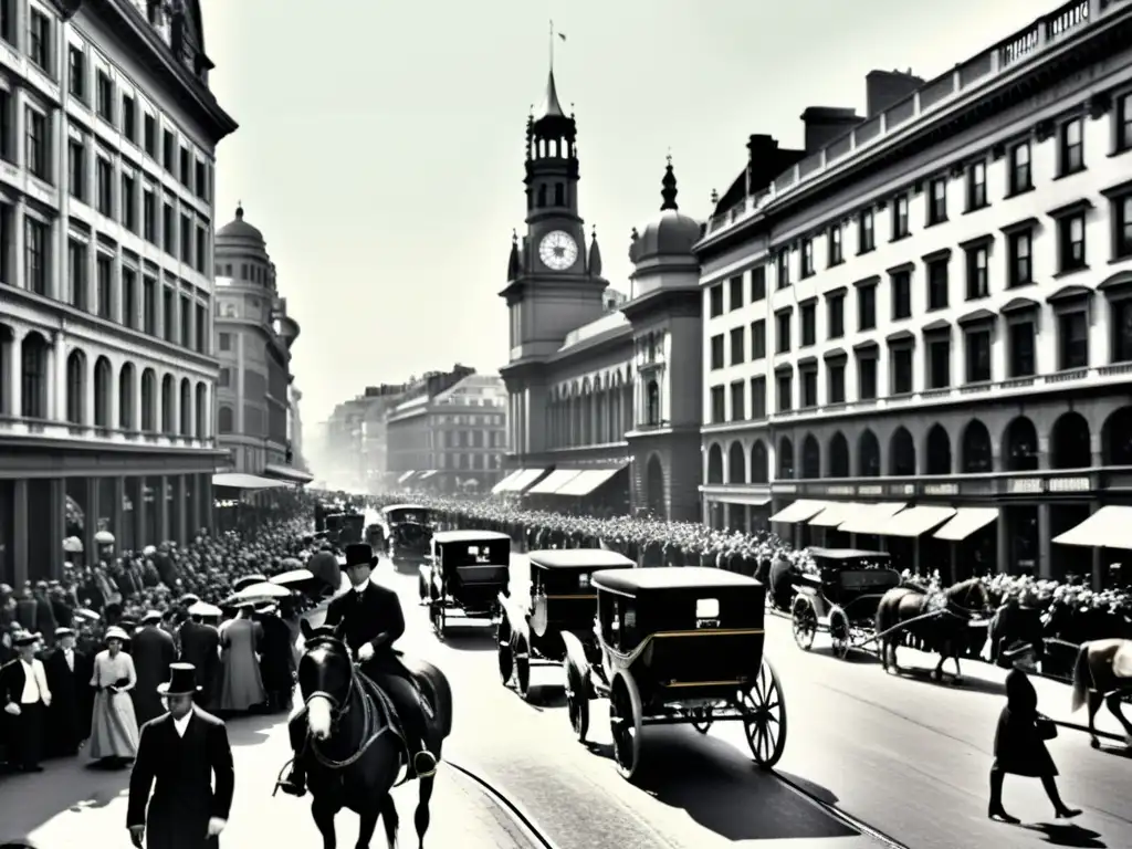 Imagen histórica de una bulliciosa calle urbana con edificios antiguos y transeúntes