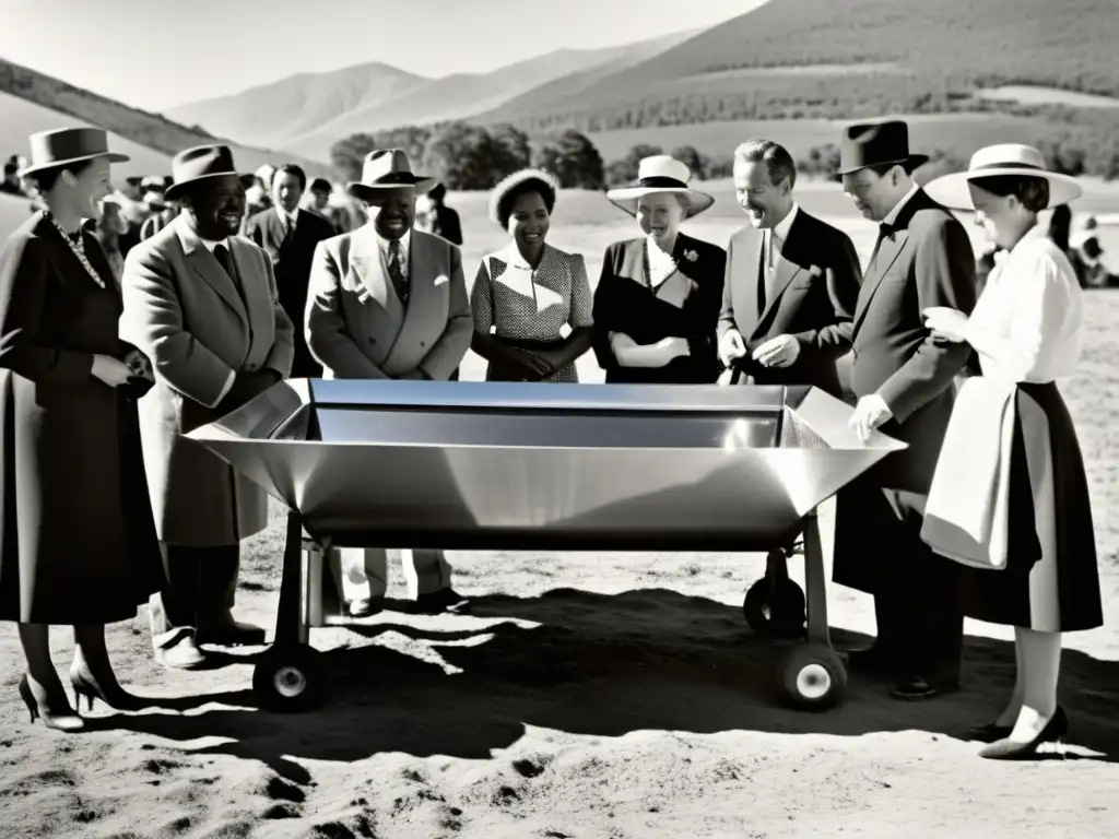 Imagen histórica de evolución de la cocina solar: personas usan gran horno solar al aire libre, compartiendo comida y diálogos bajo el sol brillante