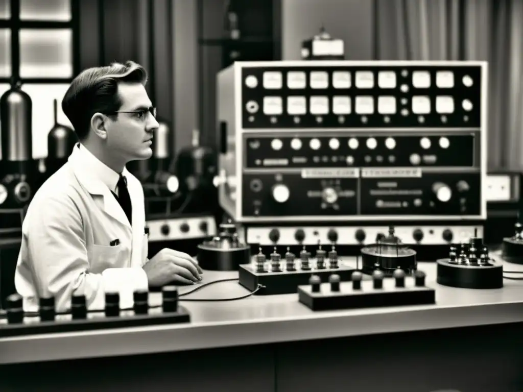 Imagen histórica de interfaz cerebrocomputadora primitiva Imagen histórica de interfaces cerebrocomputadora en evolución, científicos observando experimento con computadora primitiva de tubos y cables