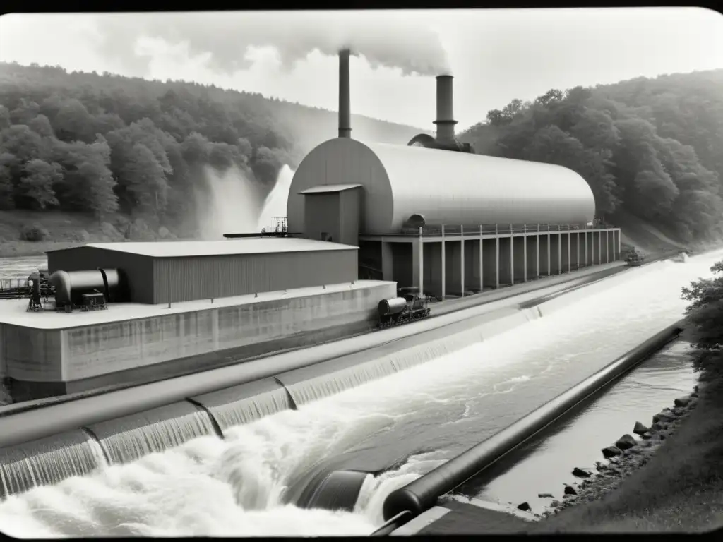 Imagen histórica de una planta de energía hidrocinética junto a un río