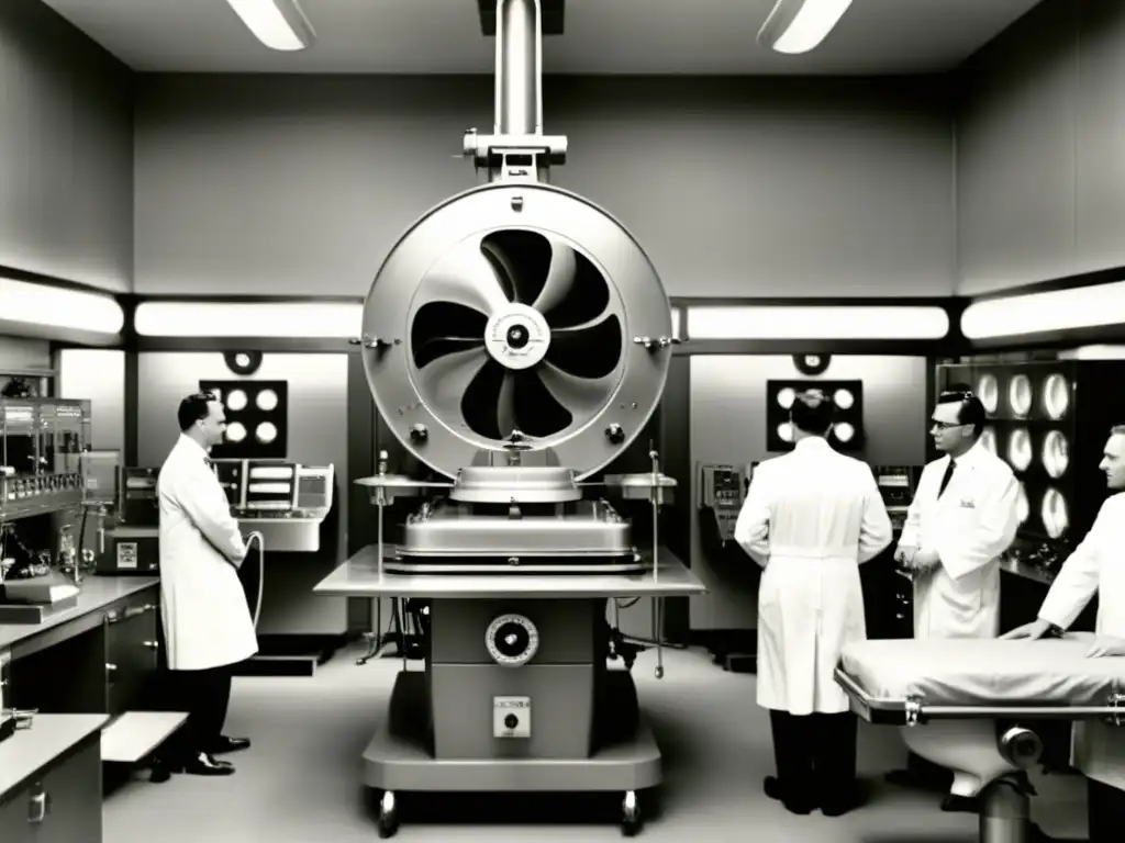 Imagen histórica de radioterapia en los años 40, médicos operan una máquina de radiación