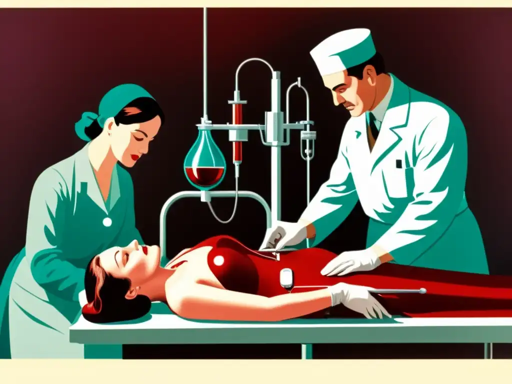 Imagen histórica de transfusión de sangre con equipos antiguos en ambiente médico vintage