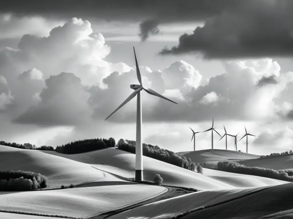 Estampa rural: Molino de viento en movimiento Imagen histórica de turbinas eólicas generando impacto en la generación de energía limpia en un paisaje rural dramático