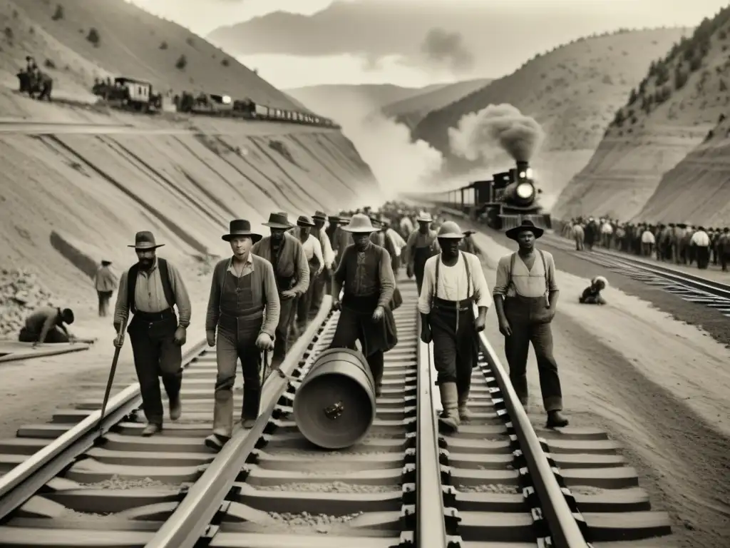 Imagen impactante del ferrocarril transcontinental en América: trabajadores colocando vías en el duro oeste, en una fotografía vintage de alta resolución en sepia