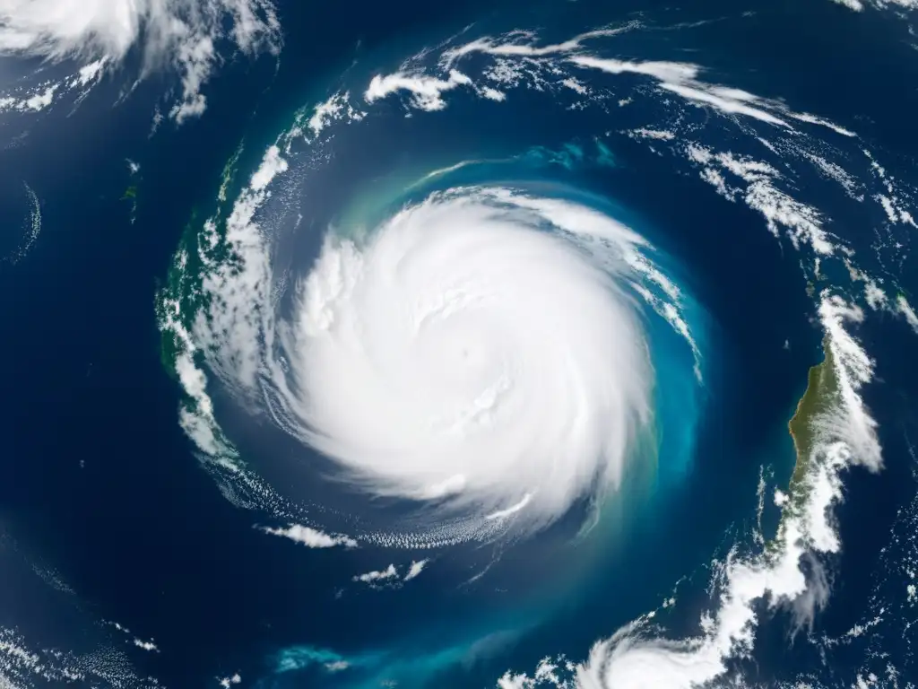 Imagen impactante de un huracán en el océano, con patrones de nubes y un ojo claro en el centro