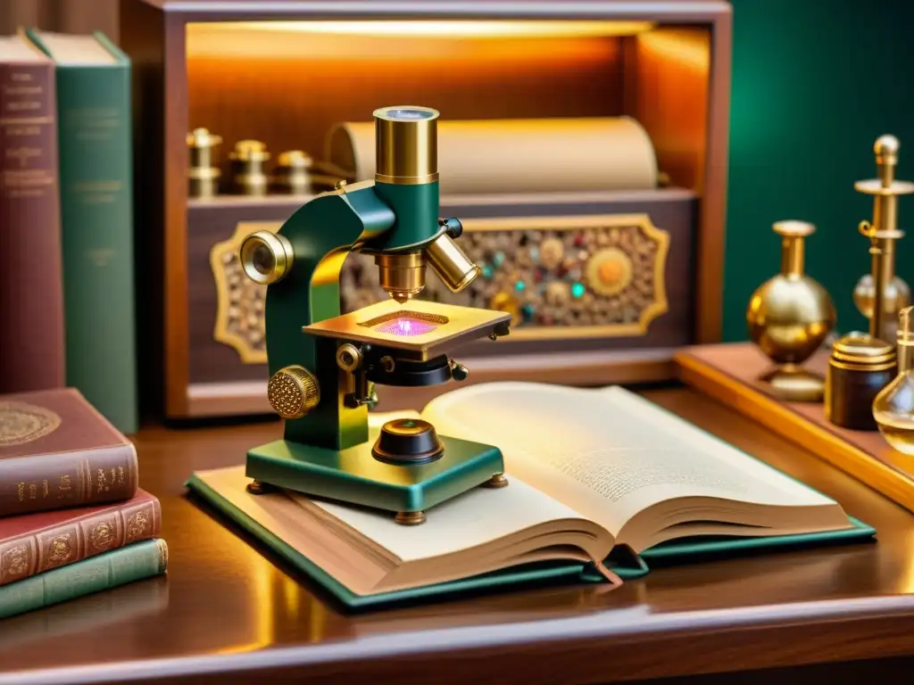 Imagen impactante de un microscopio vintage, iluminación cálida resalta microorganismos