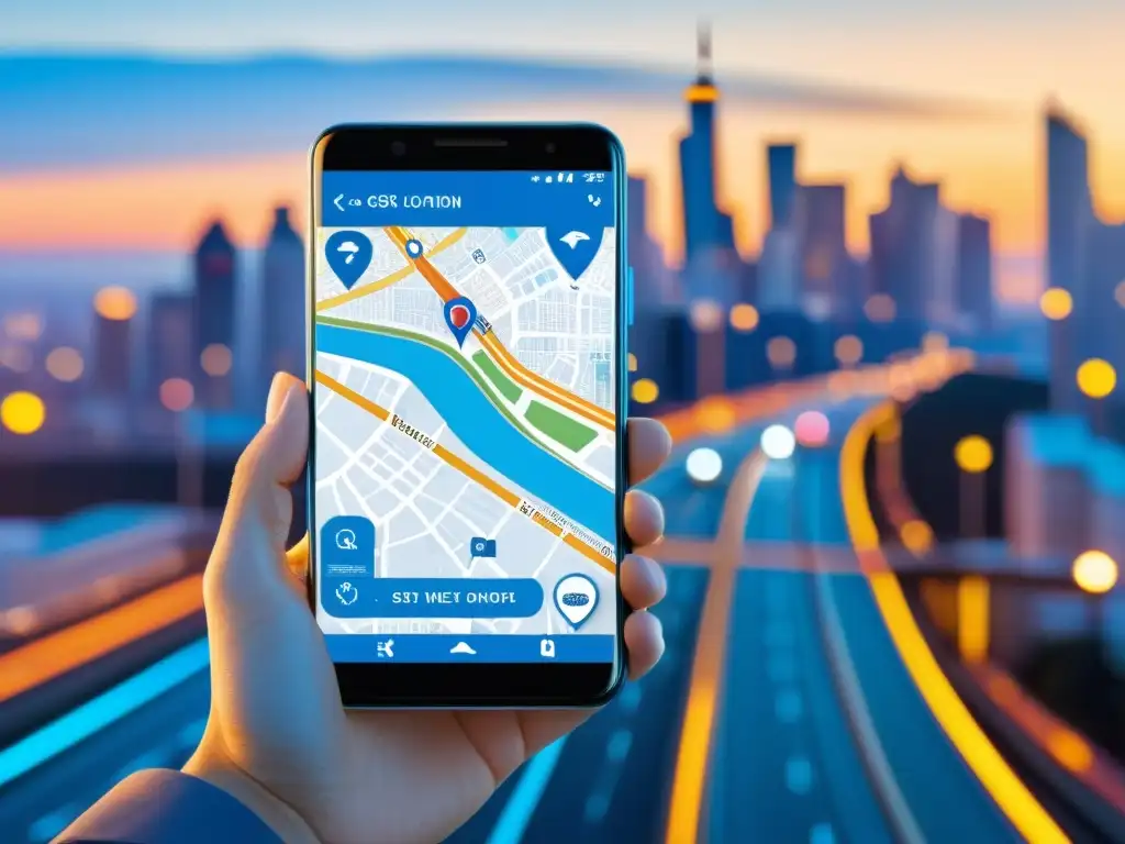 La imagen muestra la importancia del GPS en la vida diaria, con un mapa detallado y la ciudad al atardecer