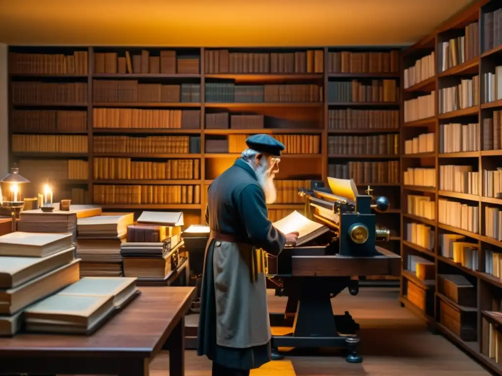 Imagen en 8k de Johannes Gutenberg trabajando en su imprenta, rodeado de libros y manuscritos, iluminado por el cálido resplandor de las velas