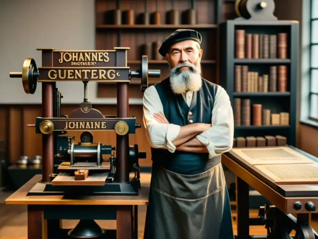 Imagen sepia de Johannes Gutenberg junto a su imprenta, destacando la importancia de la imprenta de Gutenberg en la historia