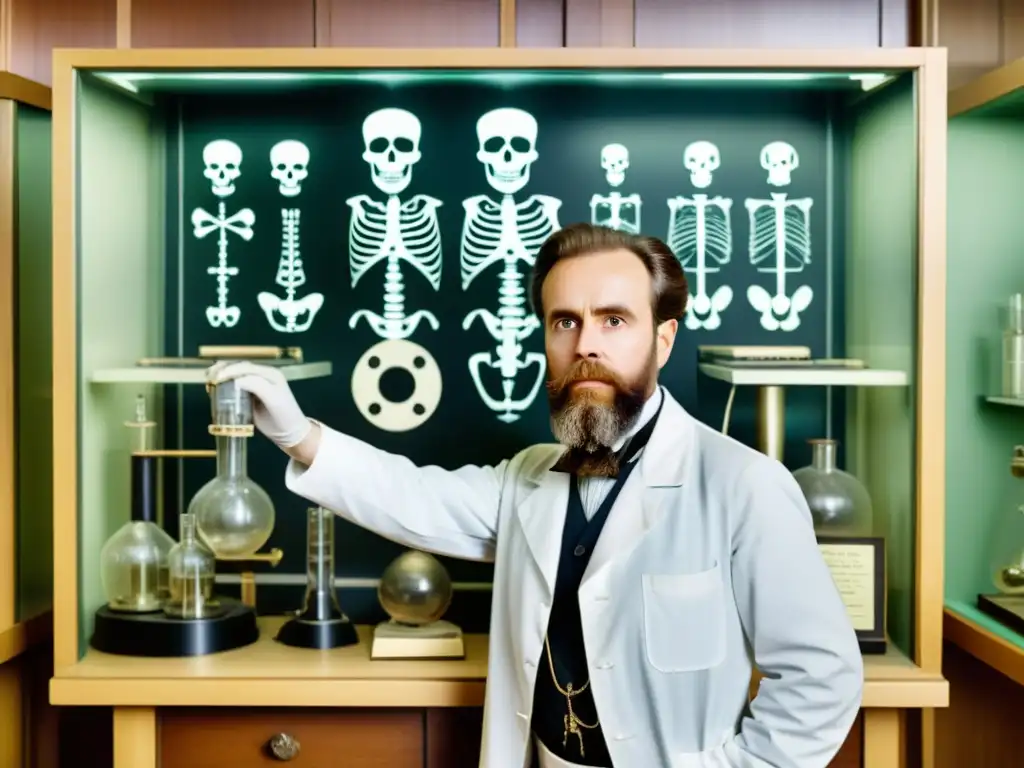 Imagen sepia de Wilhelm Röntgen en su laboratorio con máquinas de rayos X antiguas, revelando la Revolución de Wilhelm Röntgen en radiografía