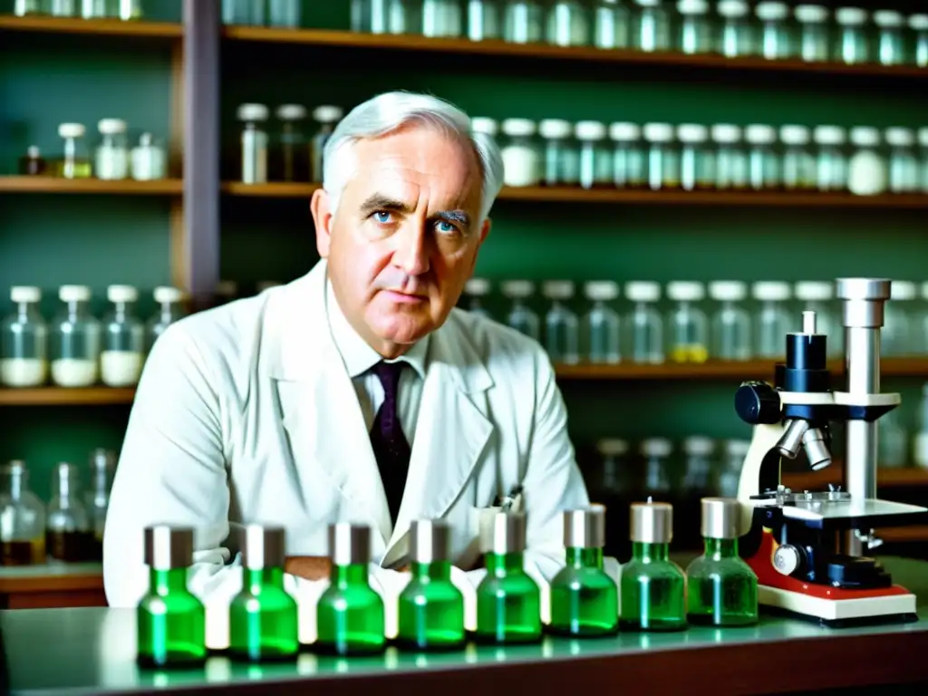 Imagen sepia de Alexander Fleming en su laboratorio, observando con concentración a través de un microscopio, rodeado de equipo científico