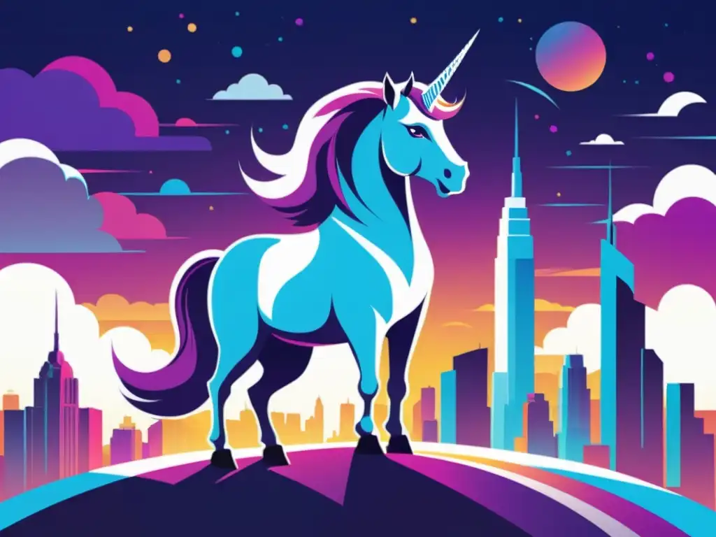 Imagen de un majestuoso unicornio en una ciudad futurista, evocando startups tecnológicas potencial unicornio