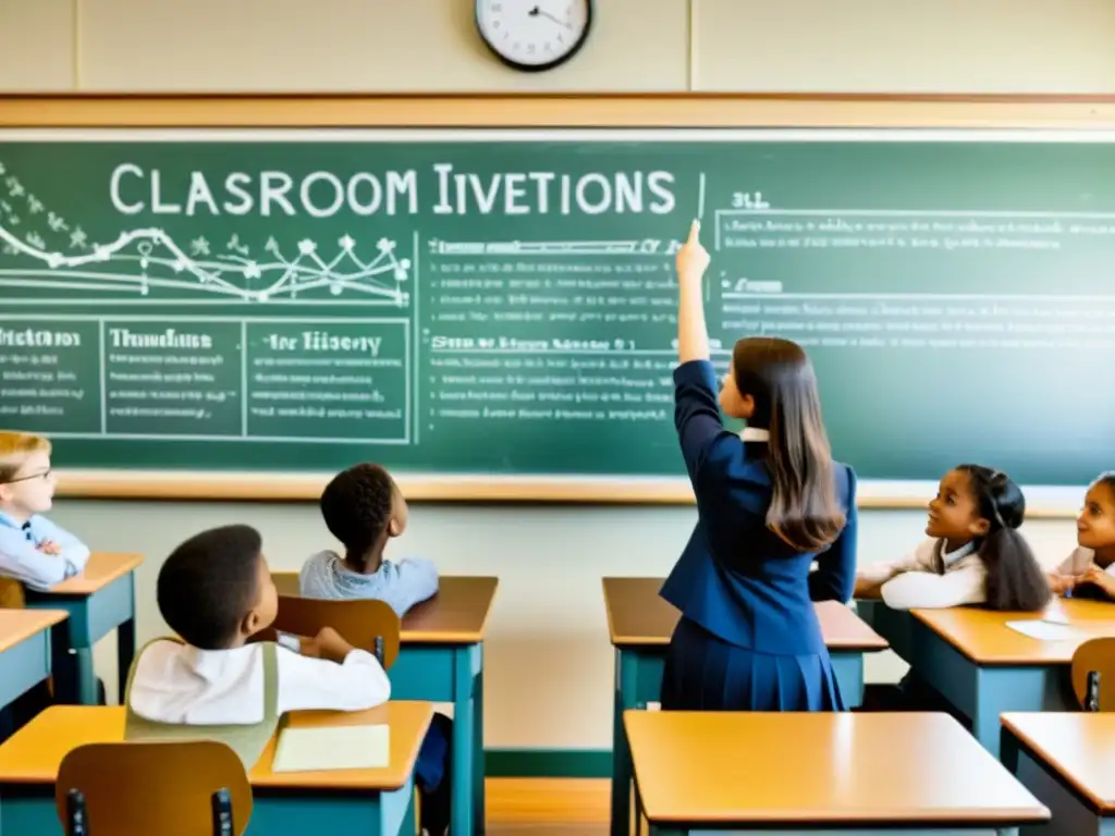 Imagen nostálgica de aula vintage con lección interactiva de historia de inventos