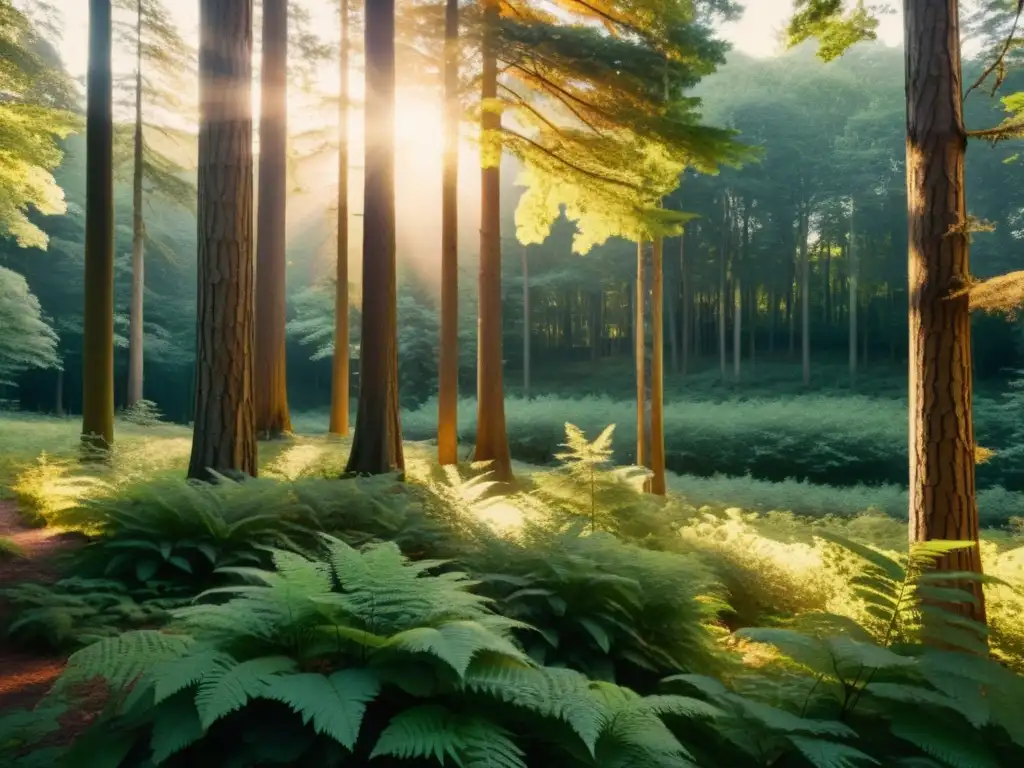 Imagen nostálgica de un bosque sereno al atardecer, con luz dorada creando sombras largas en el suelo