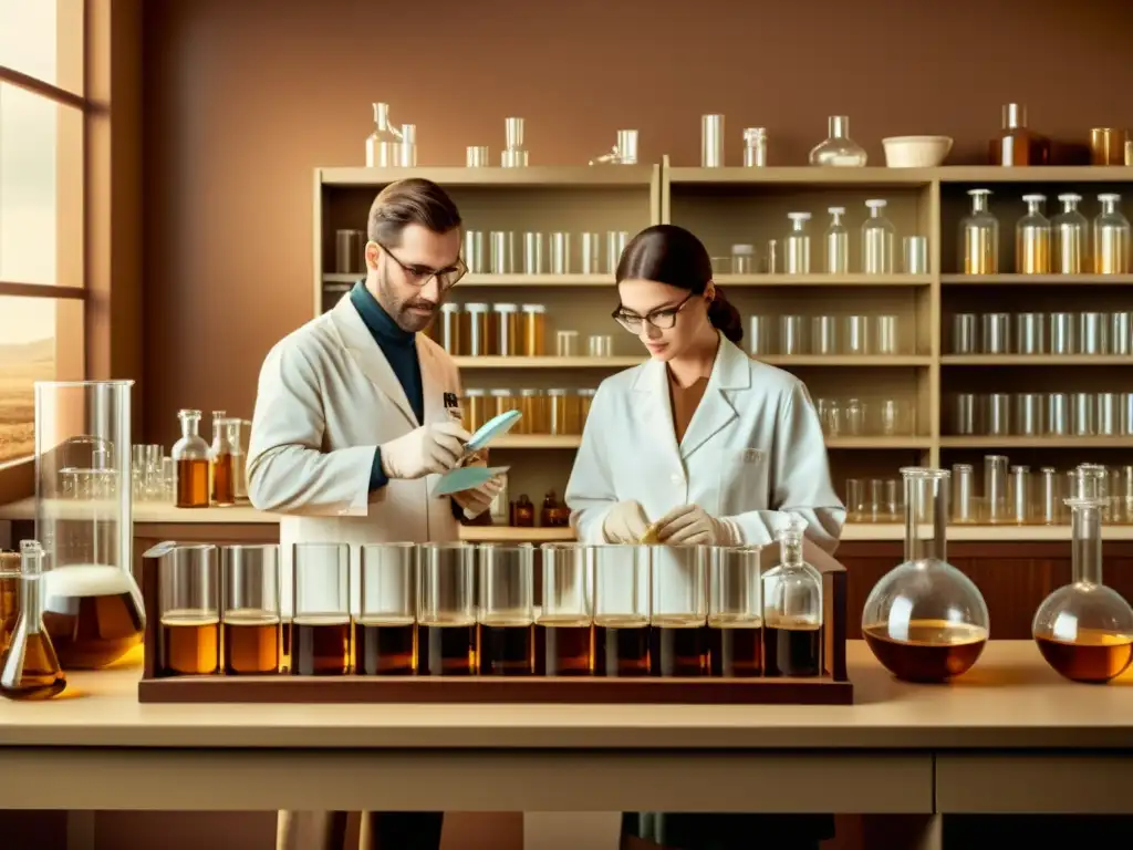 Imagen nostálgica de un laboratorio vintage con científicos investigando la prescripción de medicamentos personalizados en farmacogenómica