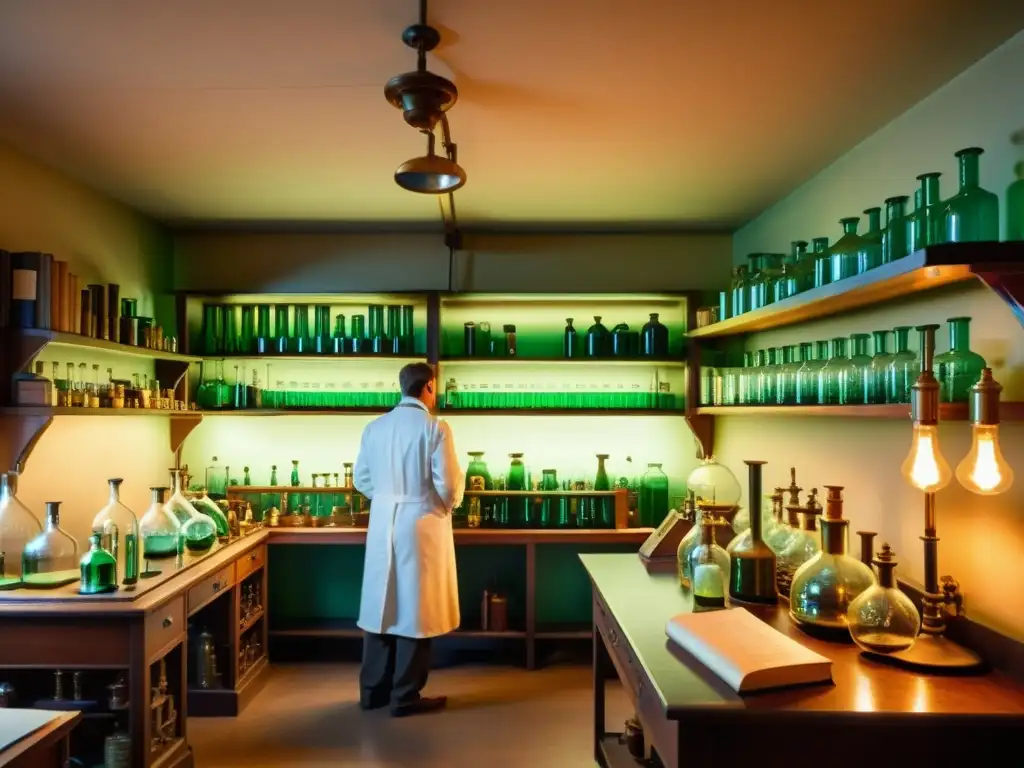 Imagen nostálgica de un laboratorio vintage con científicos trabajando entre libros antiguos y equipos científicos clásicos