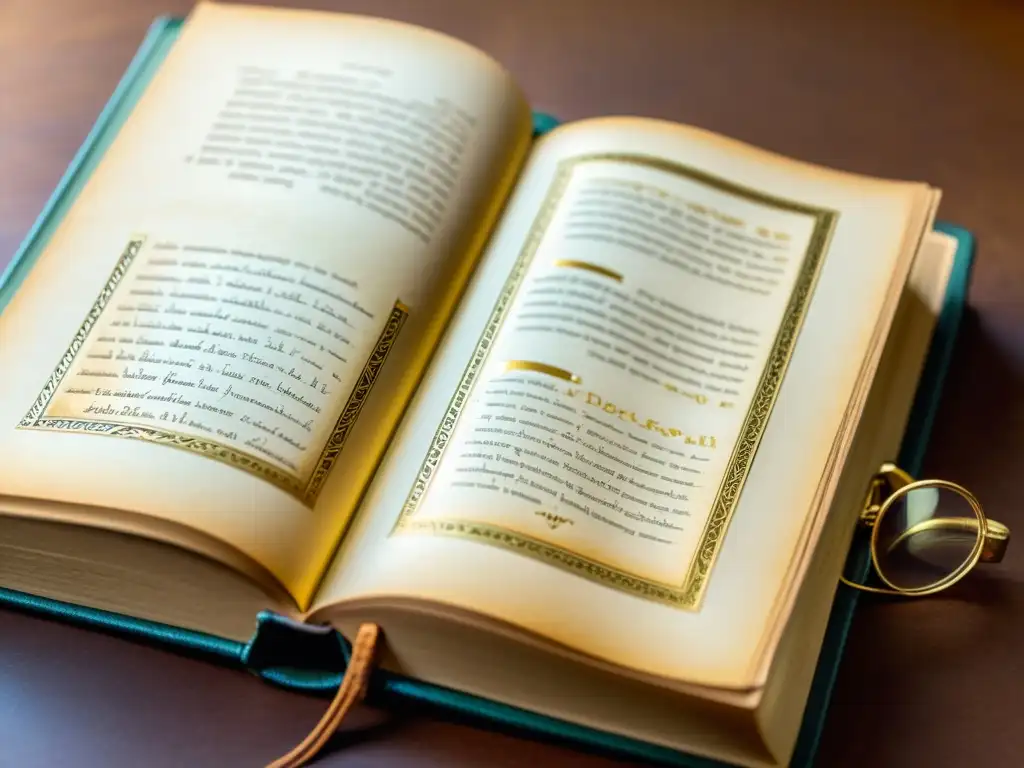 Imagen nostálgica de un libro antiguo de cuero con páginas amarillentas y gafas antiguas, evocando historia y sabiduría