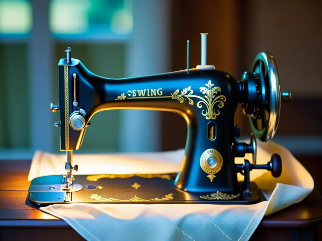 Una imagen nostálgica de una máquina de coser vintage en un taller de sastre, evocando la historia de la ropa inteligente y los inventos humanos